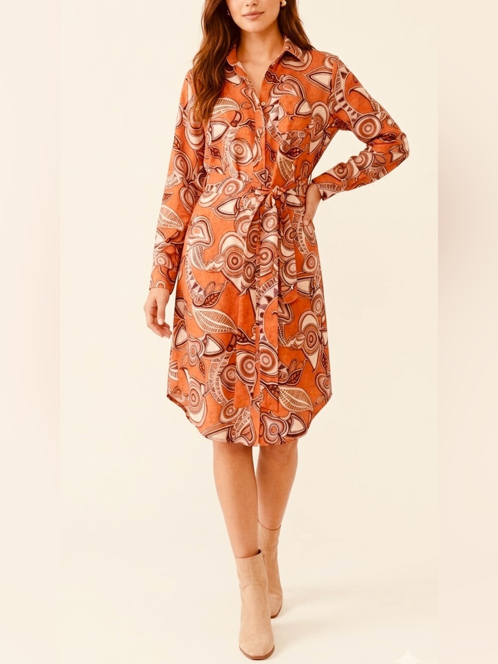Magaschoni 100% Linen Printed Shirt Dress Orange Paisley Abstract Sz M NWOT
